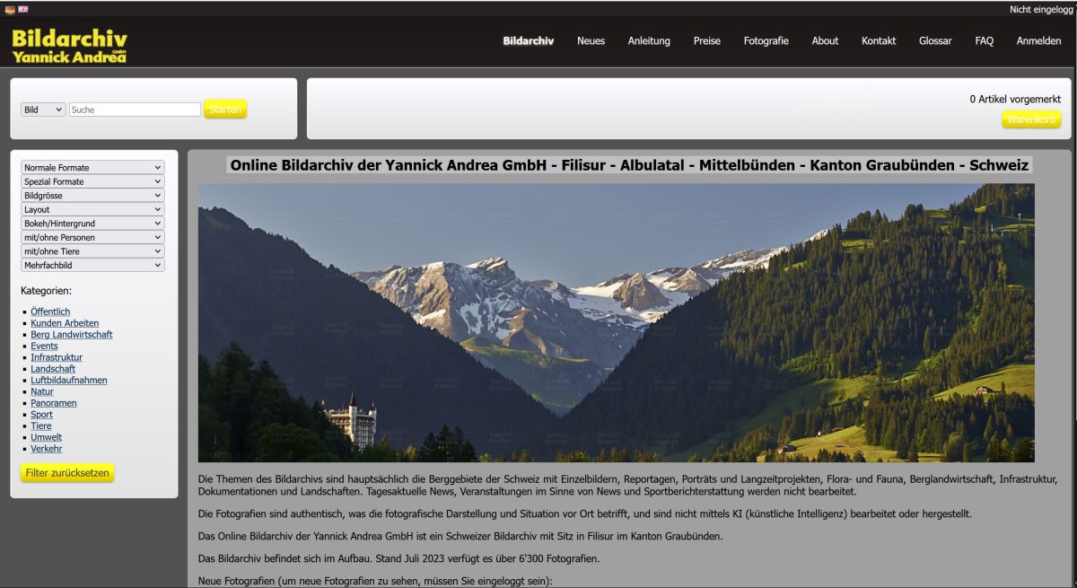 Screenshot der Webseite des Online Bildarchivs der Yannick Andrea GmbH.