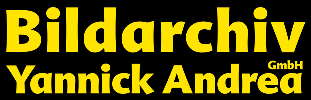 Das Logo mit leuchtend gelber Schrift auf schwarzem Untergrund des Bildarchivs der Yannick Andrea GmbH in Graubünden Schweiz: In der ersten Zeile steht "Bidlarchiv" in der zweiten "Yannick Andrea".
